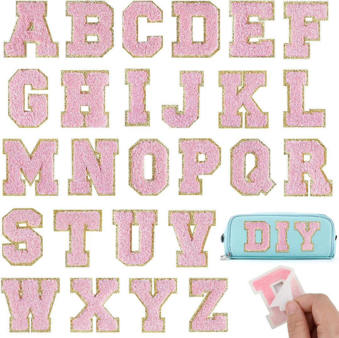 26Pcs Light Pink Chenille Letters A-Z, Self Adhesive Chenille Letter Patches for Fabric Clothing