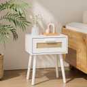 Aienvey Bedroom Nightstands Wooden Night Stands with Rattan Weaving Drawer Home Bedside End Table for Bedroom Storage (BohemianWhite)