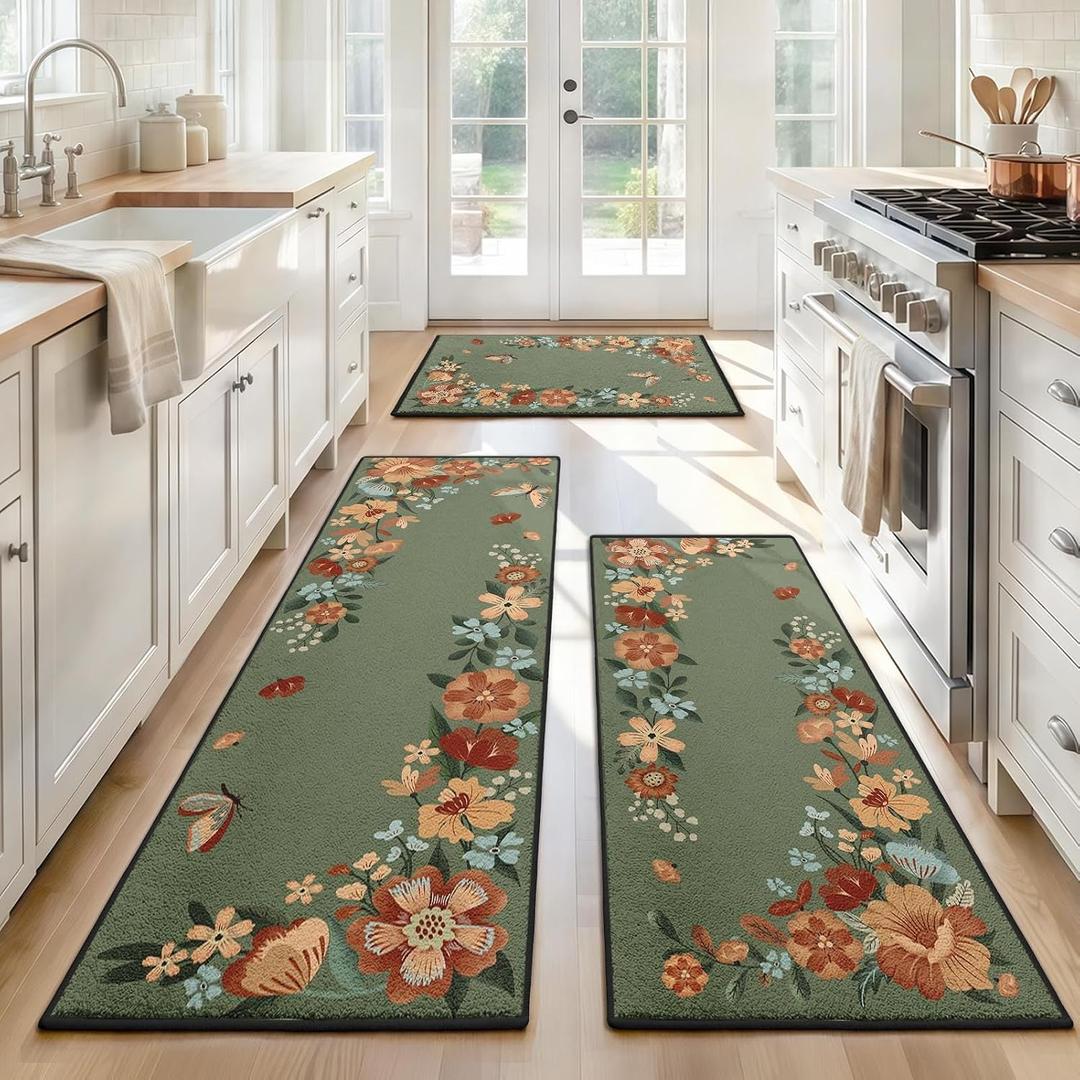Kitchen Rugs Set of 3, Washable Non-Slip Kitchen Mats for Floor with Rubber Backing, 1'8" x 4'11"