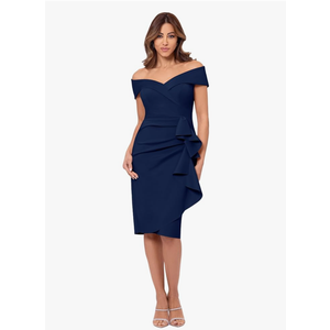 Xscape Women's Short Scuba Off-The-Shoulder Ruffle Midi Dress with Center Back Zipper Size 10
