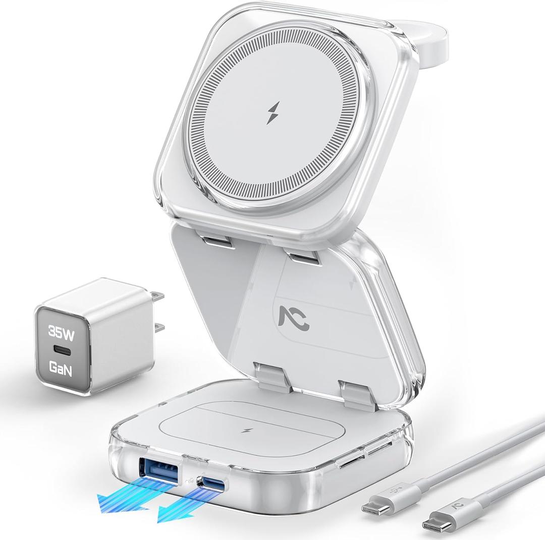Wireless Charger for MagSafe, AC Island 5-in-1 Portable Travel Charging Station, 15W Max Fast Foldable Magnetic Stand, Evolved for iPhone 16/15/14/13 Series, Apple Watch, AirPods (with 35W Adapter) (Ice White)