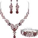 EVER FAITH Rhinestone Crystal Bridal Art Deco Floral Wave Teardrop Necklace Earrings Bracelet Jewelry Set (Purple Silver-Tone)