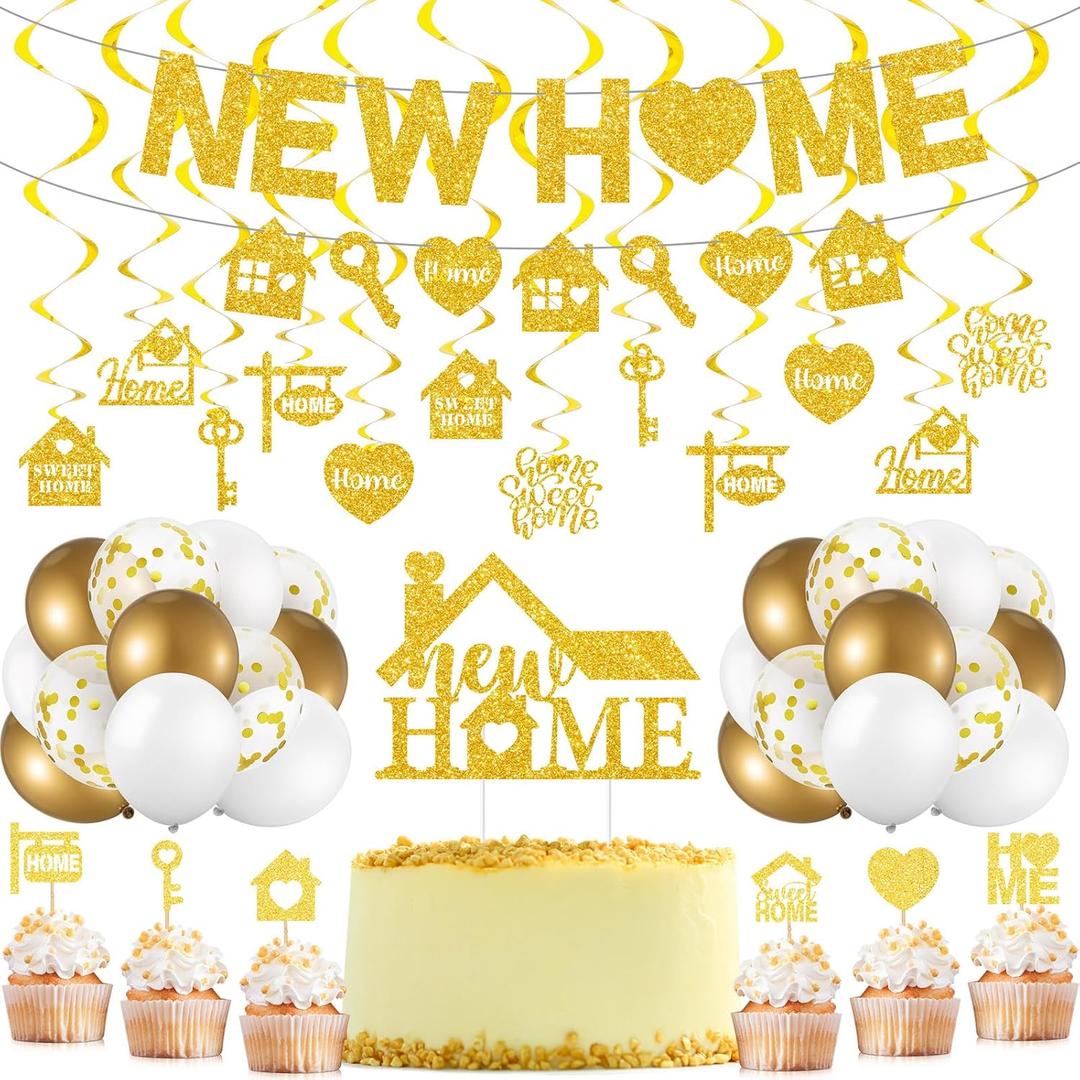 Gold Glitter New Home Party Decorations Housewarming Banner Hanging Swirls Cupcake Toppers for Housewarming Party Decorations Family New Chapter Sign