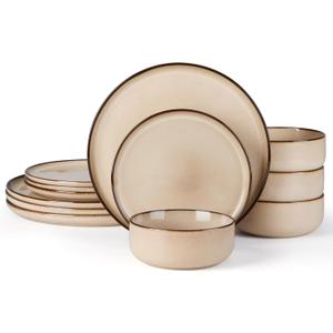 E-far 12-Piece Plates and Bowls Set, Stoneware Dinnerware Sets for 4, Reactive Glaze Ceramic Dinning Ware Dishes, Microwave & Dishwasher Safe - Sandy Beige