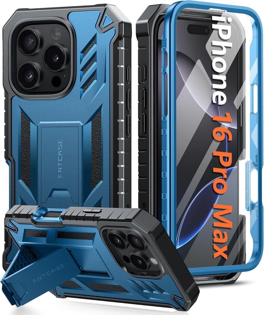 FNTCASE for iPhone 16 Pro Max Case: Military Grade [Built-in Screen Protector] [Kickstand] Matte Textured Drop Proof Protection Cover | Rugged Shockproof TPU Protective Sturdy Phone Cases - Blue