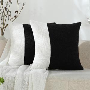 White and Black Luxury Decorative Throw Pillow Covers Patchwork Textured Boucle Square Couch Pillowcase for Home Living Room Decor Cushion Cases, 2 Pack, 20 x 20 Inches