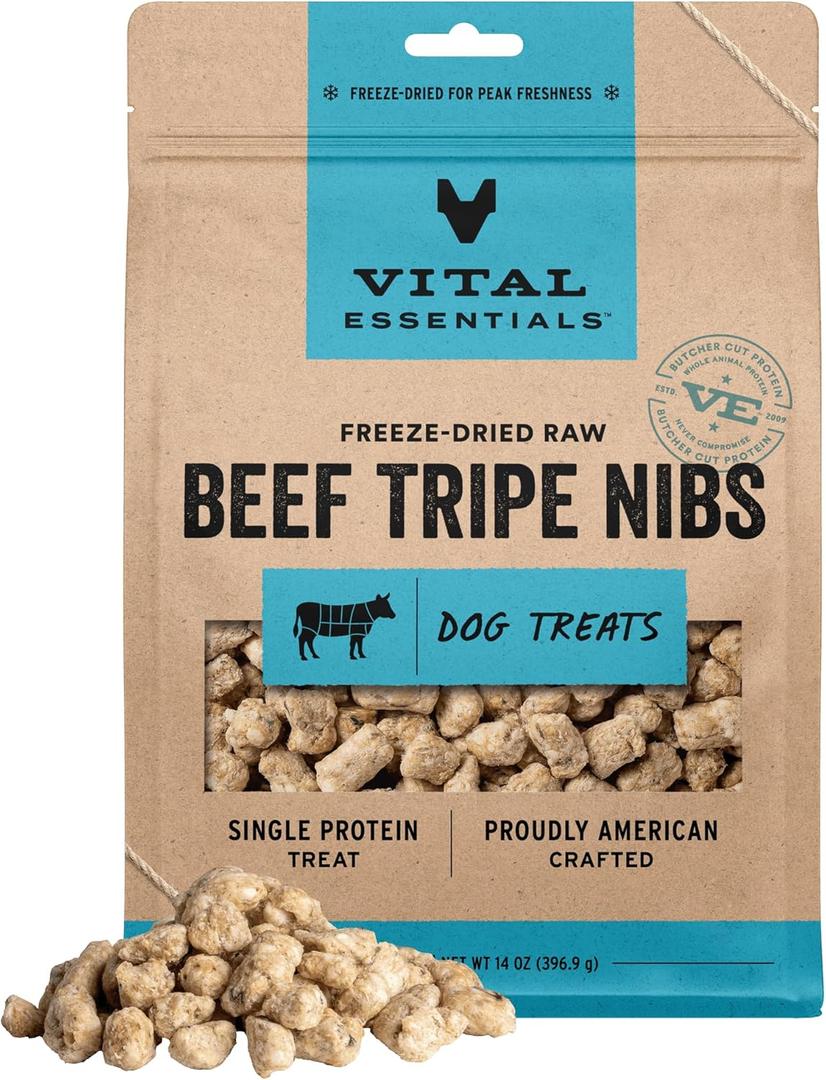 Vital Essentials Freeze Dried Dog Treats | Beef Tripe Nibs (Large Bites), Single Protein | Premium Quality | Grain Free Training Treats for Dogs, 14 oz Bag