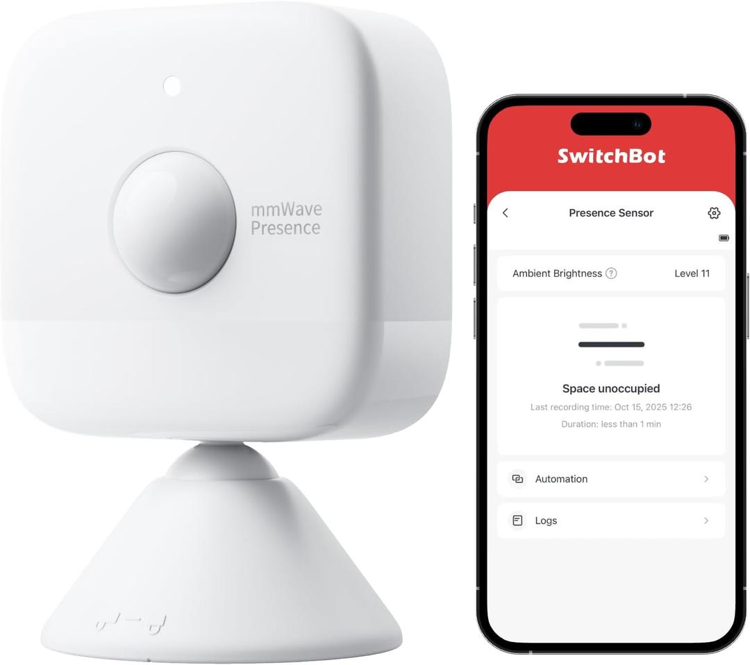 SwitchBot Smart mmWave Radar Motion Sensor, Bluetooth Presence Sensor with Dynamic Detection & Zone Positioning, Compatible with Alexa, HomeKit & Apple Home via SwitchBot Hub (Presence Sensor)