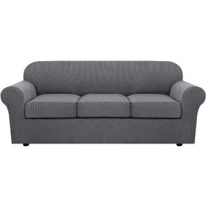 H.VERSAILTEX 4 Piece Stretch Sofa Covers for 3 Cushion Couch Covers for Living Room Furniture Slipcovers (Base Cover Plus 3 Seat Cushion Covers) Upgraded Thicker Jacquard Fabric (Sofa, Grey) (Large)