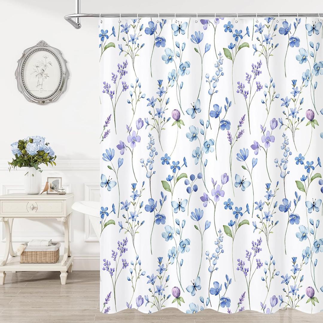 Litabel Extra Long Shower Curtain 72 x 84, Watercolor Floral Fabric Shower Curtain for Decorative Bathroom, Blue Butterfly Flower Waterproof Shower Curtain Set