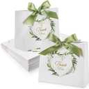 Teling 50 Pack Small Thank You Gift Bags 4.5 x 1.8 x 3.9 in Mini Paper Bags with green Bow Ribbon Wedding Favors for Birthday Party Baby Shower