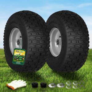 2 PCS 15x6.00-6 Lawn Mower Tires and Wheel, Tire Assembly Replacement for Riding Lawn Mower Front Tires, 3/4" Bearing, 3" Centered Hub, 4 Ply Pneumatic