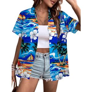 Hawaiian Shirts for Women Hawaii Tropical Button Down Tops Summer Beach Vacation Outfits Floral Short Sleeve Blouses (Blue, S)