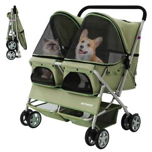 Double Pet Stroller for 2 Small Dogs & Cats, Side-by-Side Twin Travel Carriage with Safety Leashes, Mesh Windows & Double Storage Baskets, Lightweight & Foldable, 44lbs Capacity, Green