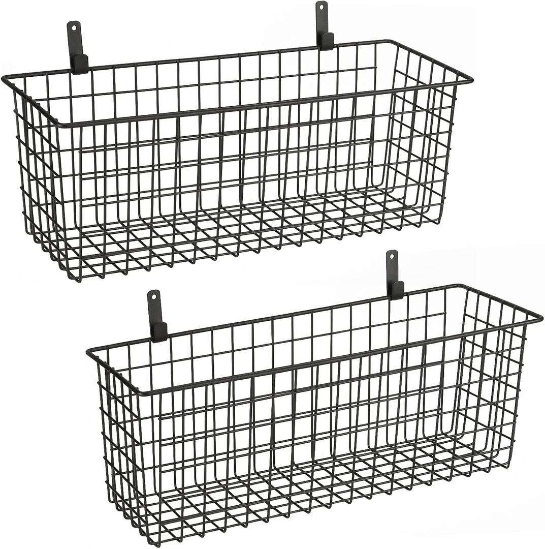 2 Sets Extra Large Hanging Wall Basket, Black Metal Wire Baskets with Steel Hooks for Organizing, WallmountedFruit Vegetable Toy Snack Storage, Home Kitchen Bathroom Laundry Pantry Organizer