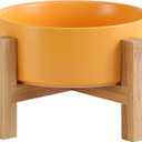 Elevated Ceramic Cat Bowl - Cat Food Bowl with Bamboo Stand - Raised Dog Dish for Puppies - Anti Vomiting, Stress Free - 13.5 oz / 400 ml - Yellow (Small)