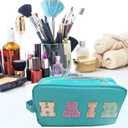 3 x Preppy Makeup Bag for Women, Cosmetic Bag Letter Pouch Purse with Handle, Waterproof Portable Glitter Nylon Travel Toiletry Bag Organizer with Zipper (A-Blue)