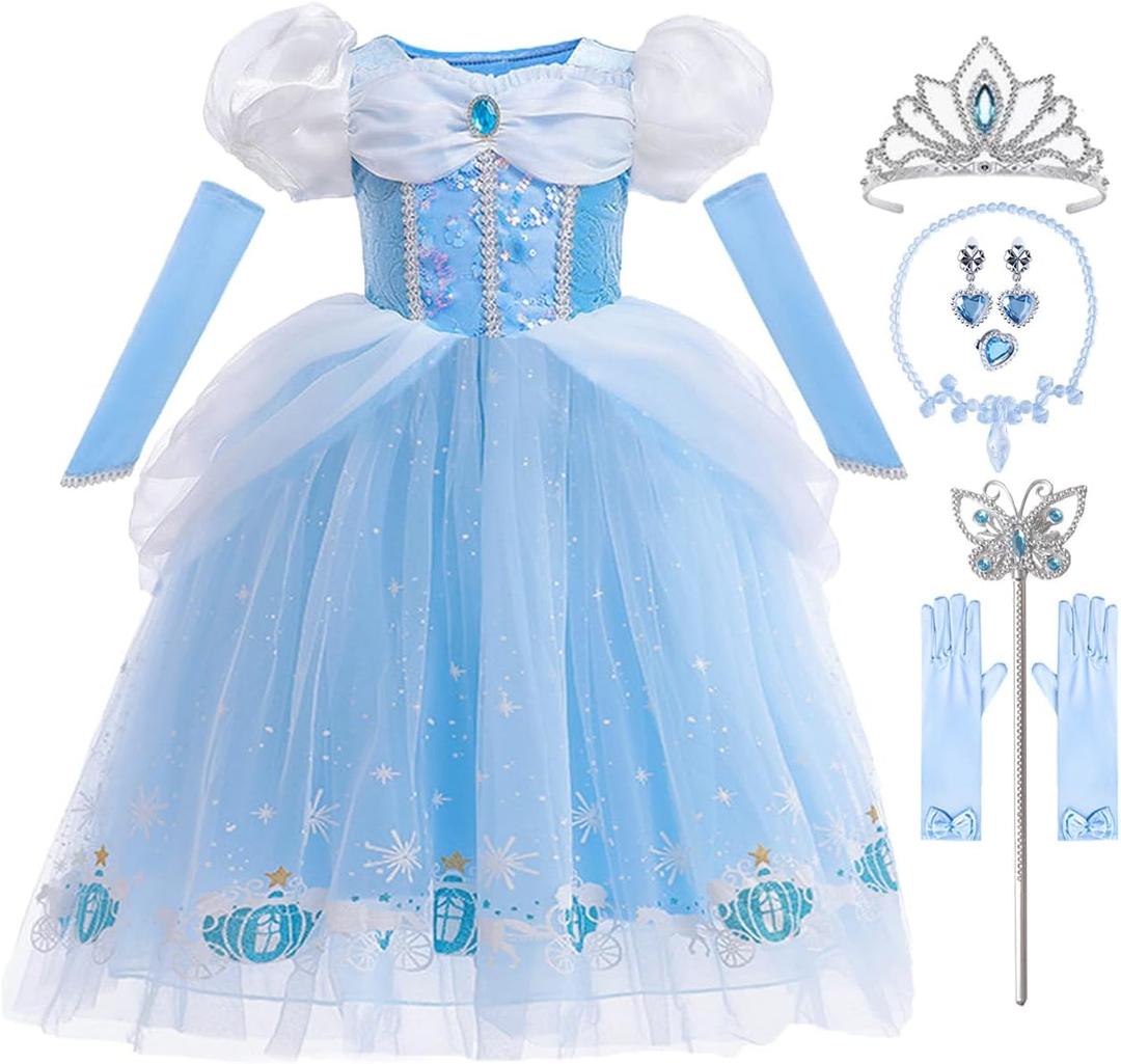 iTVTi Girls Princess Dress Kids Halloween Carnival Party Cosplay Costume Toddler Puffy Sleeve Blue Fancy Outfit, Size 120