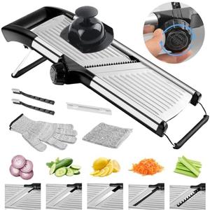 NIOSAVM commercial Mandoline Slicer,Stainless Steel Vegetable Slicer,non-slip mandoline slicer for kitchen,Keto,Potato,cucumber,4 Blades & Cut-Resistant Gloves(Includes Brush & Cloth).