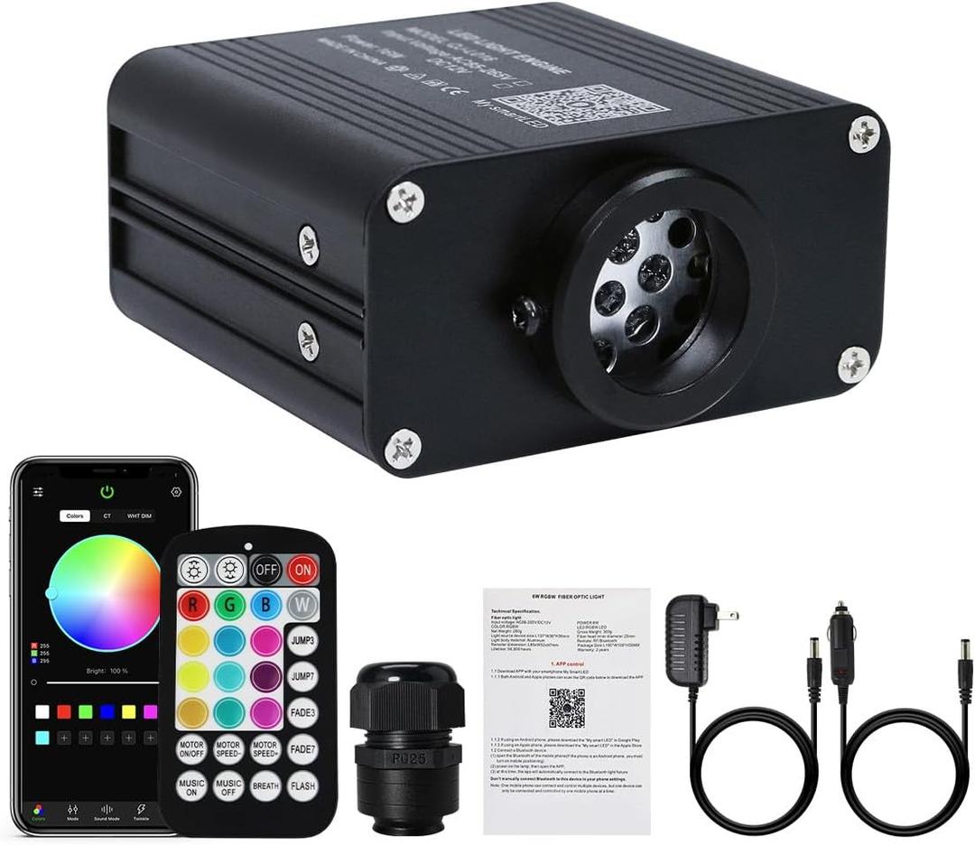 AKEPO Car/Home Small Size 16W Twinkle Fiber Optic Light Engine, RGBW Bluetooth APP Control + Music Activated + 28-Key Remote Control for Car Home Star Headliner
