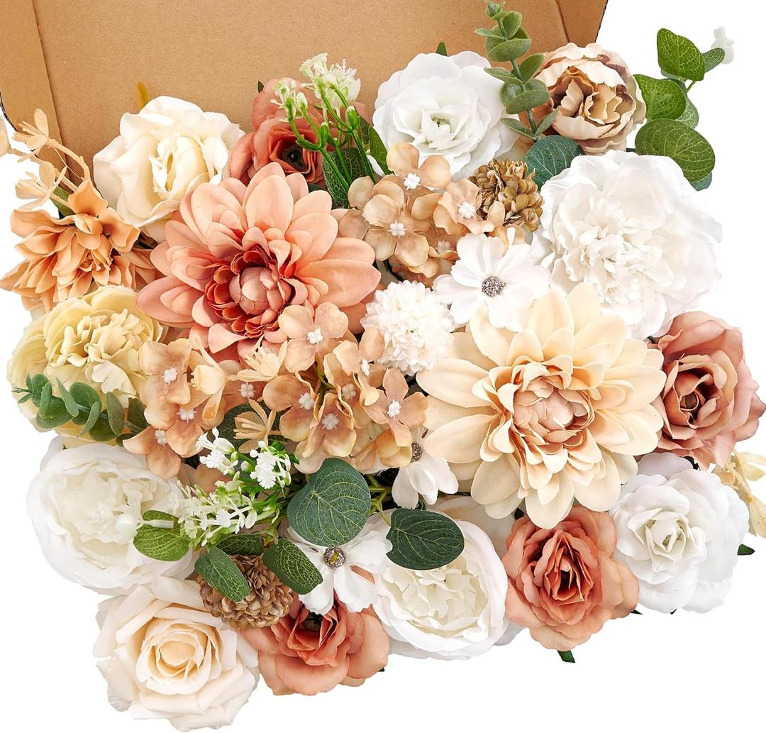 Artificial Flowers Combo Box, Fake Roses Dahlias Silk Flower with Wire Stem, DIY Wedding Bridal Bouquet Baby Shower Party Arrangement Home Dcor (Light Orange)