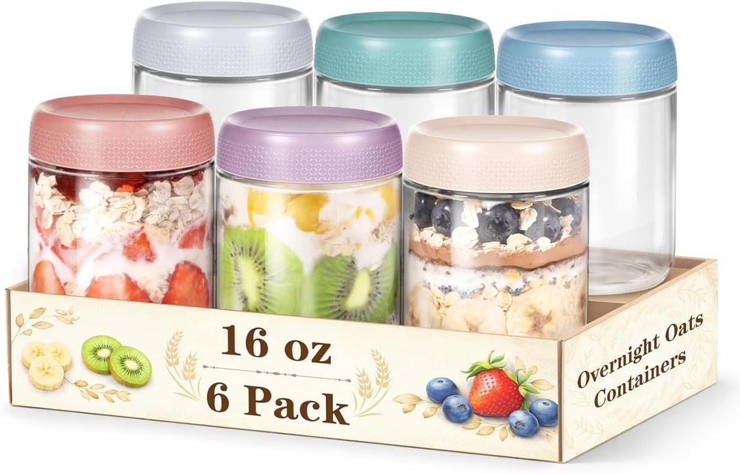 6 Pack Overnight Oats Containers with Lids, Wide Mouth Mason Jars 16oz, Glass Food Storage Containers with Airtight Lids, Overnight Oats Jars for Yogurt, Salad, Cereal, Snacks, Chia Pudding (Mixed Color)
