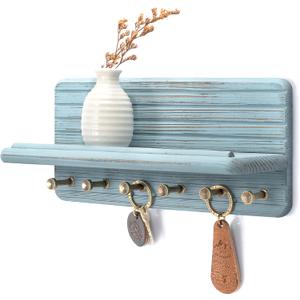 Rebee Vision Pine Wood Key Holder Wall Mount for Room Accessories Decorative Key Holder for Wall with 6 Hooks & Floating Shelf Rustic Wall Organizer for Home Decor Aesthetic (Blue)