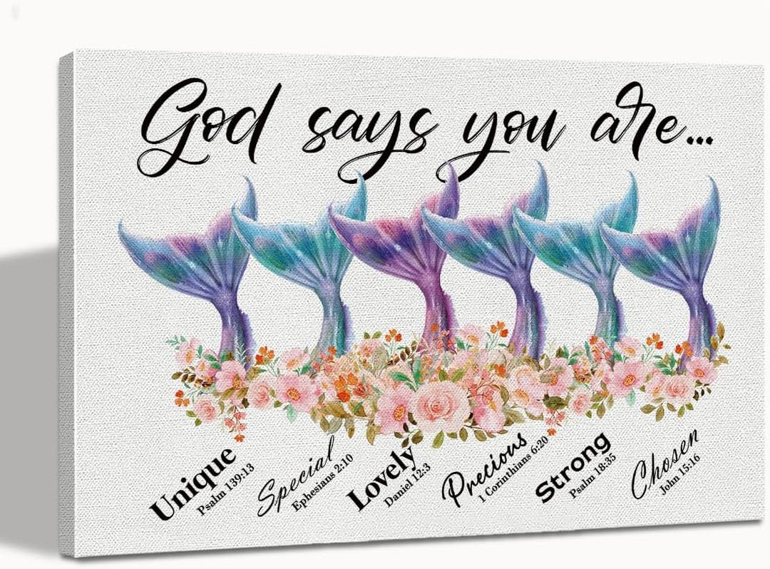 WKYAER God Says You Are Wall Art, Mermaid Bathroom Dcor, Mermaid Room Decor For Girls, Mermaid Wall Art, Mermaid Room Dcor, Christian Wall Art, Scripture Wall Art, Mermaid Wall Decor 24x16, White (24L" x 16W")
