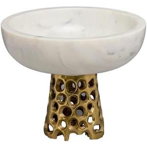 IHI EST. 1986 White Marble on Gold Aluminum Base - 6 x 7 Inch Decorative Pedestal Serving Bowl