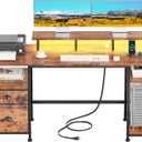 Furologee 61" Computer Desk with Power Outlet and LED Lights, Desk with Fabric File Cabinet Drawer, Large Reversible Table with Shelves and Monitor Stand, Writing Study Table for Home Office