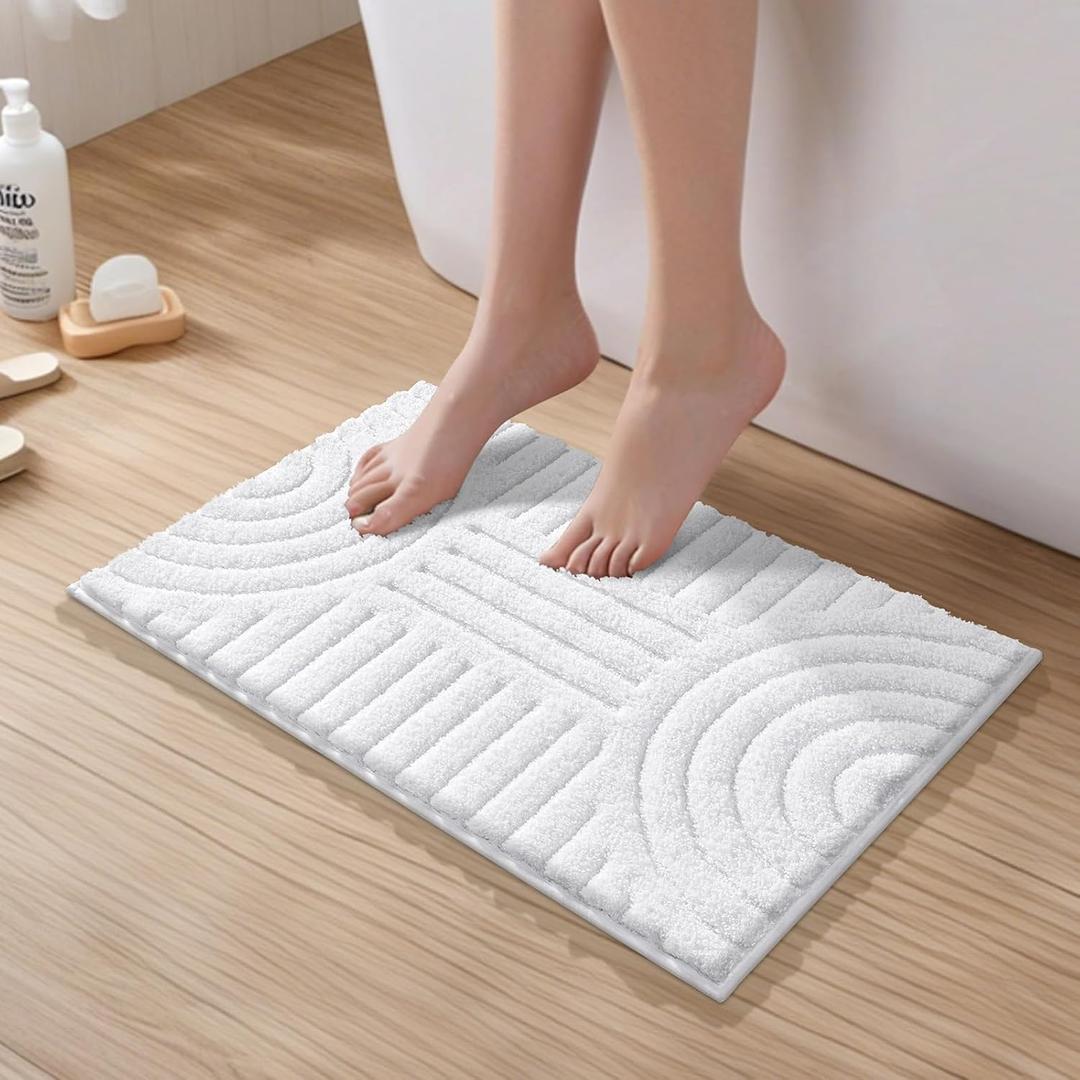 SHACOS Boho Small Bathroom Rugs 16"x24" Extra Soft Absorbent Microfiber Bath Mats Home Decor Non Slip Carpet Machine Washable Shaggy Bath Rugs for Shower Bathtub Floor, White 1'4" x 2'