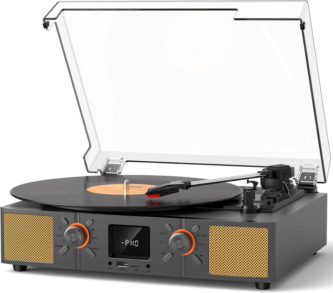 Bluetooth Vinyl Record Player with Built-in Speakers, 3-Speed Belt-Driven Turntable for Vinyls Record, FM Radio, USB Recording, Auto Stop,RCA/AUX/Headphone Jack, Vintage Vinyl Player for Home (Black)