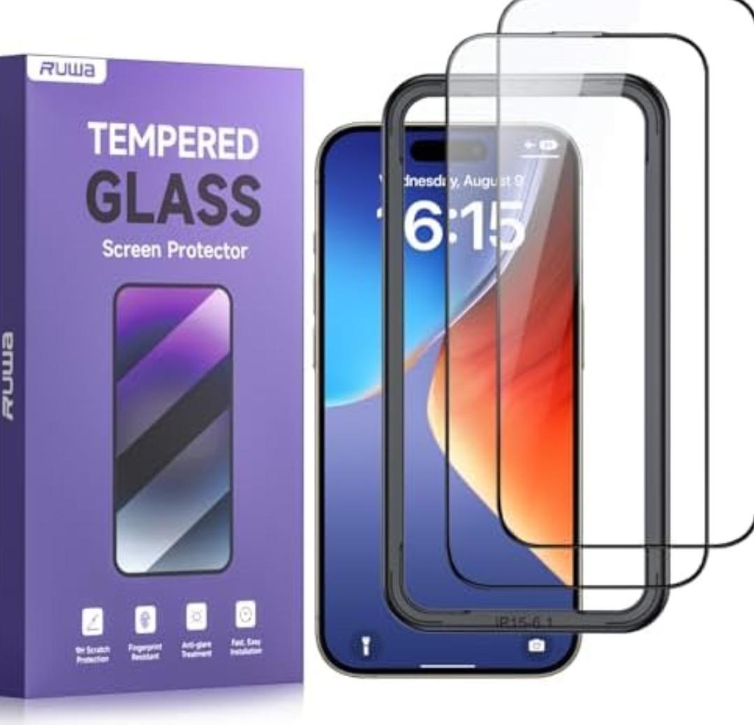 Ruwa Screen Protector for iPhone 15, iPhone 16 [6.1 Inch]Tempered Glass with Easy Installation Frame, HD Clear,Anti-Scratch, Full Coverage, 2 Pack