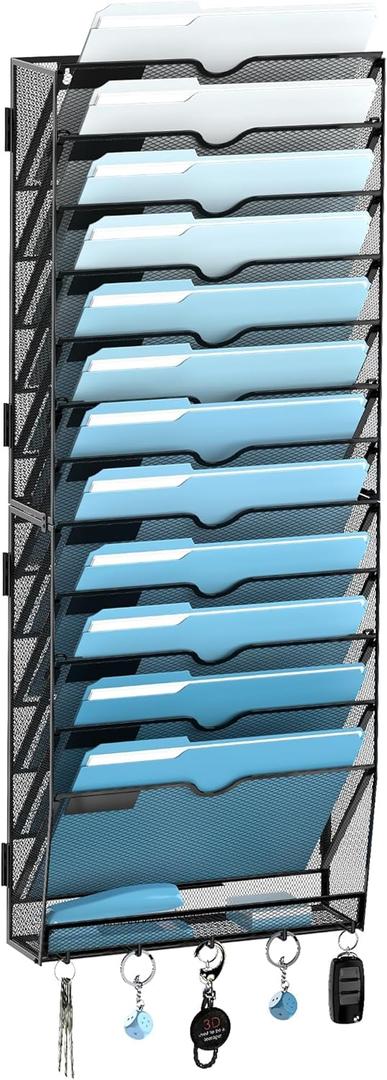 SUPEASY 13-Tier Wall File Organizer, Wall File Holder with Hooks, Mesh Hanging File Organizer, Mail Organizer Wall Mounted for Papers, Folders, Office Magazine Rack, Assembly Needed, Black