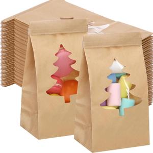 Harloon 100 Pcs Small Christmas Bakery Bags with Window 3.54 x 2.36 x 6.69 Inches Xmas Kraft Paper Iron Wire Tie Tab Lock Bags for Bakery, Cookie, Coffee Bean, Candy, Snack