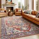 AMADA HOMEFURNISHING 8x10 Washable Area Rug, Low-Profile Large Area Rug with Non-Slip Backing & Durable Edge Binding, Vintage Large Rugs for Living Room, Bedroom, Dinning Room (Red)