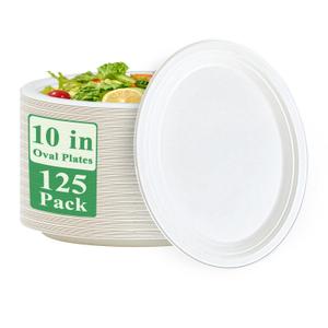 Vplus 100% Compostable Oval Paper Plates 10 inch 125 Pack Super Strong Disposable Paper Plates Bagasse Natural Biodegradable Eco-Friendly Sugarcane for BBQ, Party, Gathering, and Picnic