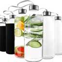 32 oz Glass Water Bottle Set of 6 - Clear Glass Bottles with Reusable Lids and Protective Sleeves