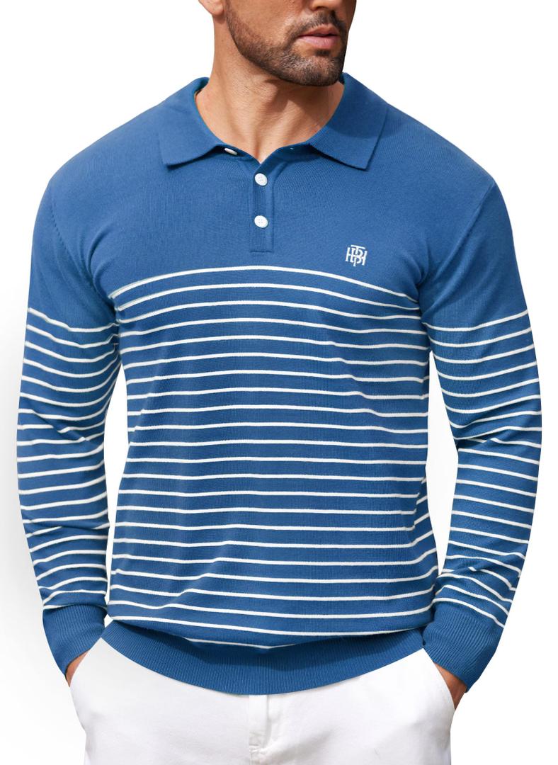 Herberton Mens Outdoor Pullover Fitted Sweater Striped Long Sleeve Knit Collar Warm Polo Shirts Blue XL
