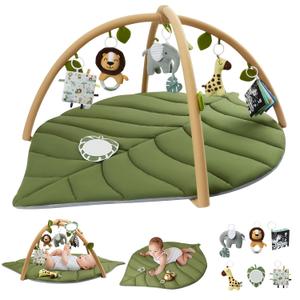 Blissful Diary Baby Play Gym & Activity Mat, Oversize Leaf Shaped Baby Play Mat w 6 Detachable Toys, Tummy Time Mat Promote Motor Skills & Sensory Development Mat, Newborn Infant Baby Essentials Gift (Play Gym with Lion Rattle)