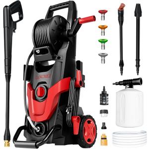 Electric Pressure Washer, Upgraded 7 Nozzles Set, 4500 PSI 3.2 GPM Power Washer with Turbo & 360 Nozzle, Inlet Hose & Filter & 500ml Foam Cannon for Cars/Home Cleaning/Patios/Driveways/Fences, Red
