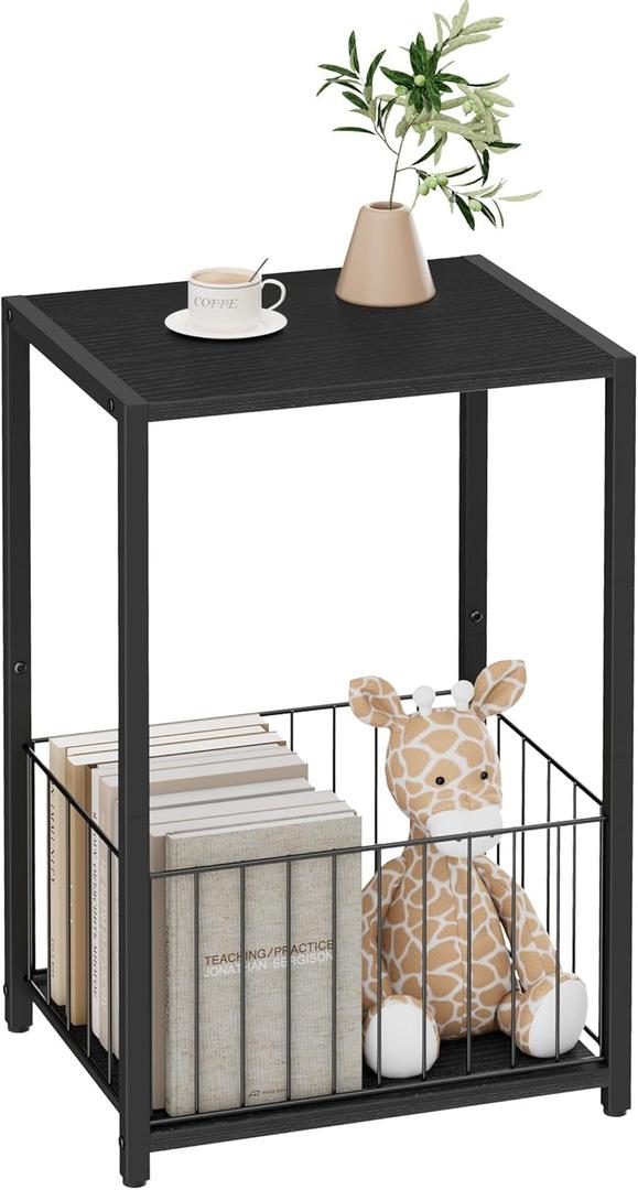 Side Table with Magazine Holder, Record Player Stand with LP Shelf, End Table for Living Room, Bedroom, or Bedside, Easy Assembly, 11" D x 16.9" W x 23.6" H, Black