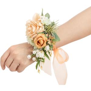Ling's moment 2pcs Prom Wrist/Shoulder Corsage Artificial Flower, Girl/Mother Homecoming/Wedding Corsage Wristlet Décor, etc. Yellow Orange Peach