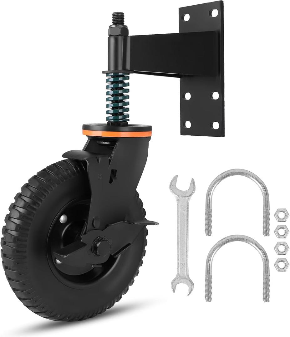 Heavy Duty Gate Wheel with Brake, 8in Fence Gate Wheel 600Lb Capacity Spring Loaded Gate Caster Shock Absorption Universal Rubber Caster with Spanner & Screws for Metal Gate