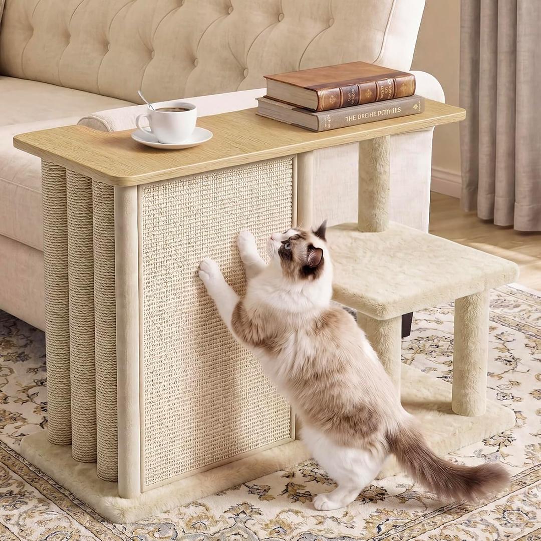 Homegroove Cat Scratch Furniture Protector, 35.6''L Multi-Functional Cat Scratcher Side Table with Sisal Scratching Posts and Pad, Large Cat Couch Protector from Cat Claws for Living Room (Wood, Left)