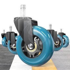 HOLKIE Office Chair Wheels 11x22mm Blue 3 Inch Desk Roller Blade Caster Replacement for Office, Rubber Rolling Wheels-Set of 5 for Hardwood Floors Gaming Chair Casters Smooth & Silence Gliding (11mm-Not fit 1KEA)