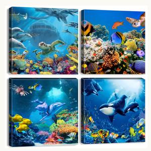 Blue Ocean Wall Art Beach Bathroom Turtle Dolphin Whale Fish Wall Decor Coastal Sea Animal Pictures for Living Room Under World Photo Prints Canvas Seascape Artwork Bedroom Home Decorations 12x12 4P
