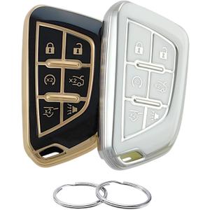 REPROTECTING TPU Key Fob Cover Compatible with Cadillac Escalade Escalade ESV (6 Buttons) (Black/Silver-White)
