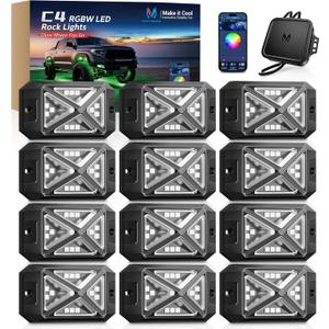 MICTUNING C4 RGBW Rock Lights Kit, 12 Pods 360 Ultra-Bright 4-Sided Wide Beam Angle Underglow Neon Accent Lighting Kit, Microphone Sync with APP Control, IP68 Waterproof