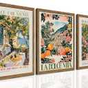 Italy Travel Wall Art Set of 3, Amalfi Coast Wall Decor, Trendy Italian Food Kitchen Poster Canvas Prints, Vintage City Landscape Artwork for Dining Room Living Room 12x16 inch Wood Framed (16L" x 12W")